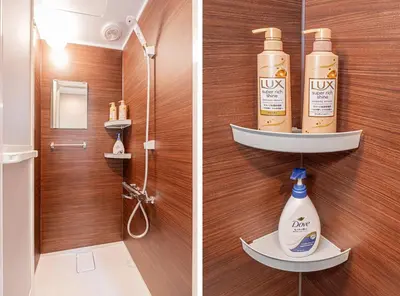 two pictures of a bathroom with a shower and a toilet at Asuka Guesthouse \u5bbf-\u98db\u9ce5 in Tokyo