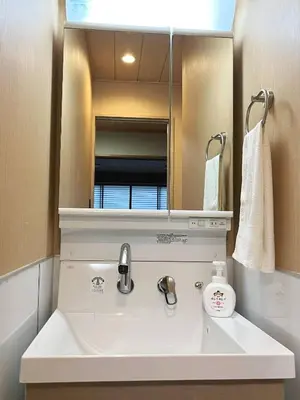 a bathroom with a sink and a mirror at \u6771\u4eac\u6d45\u8349\u30a4\u30f3201 in Tokyo