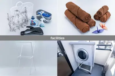 two pictures of a bathroom with towels and a washing machine at ZEN HOTEL Haven in Tokyo