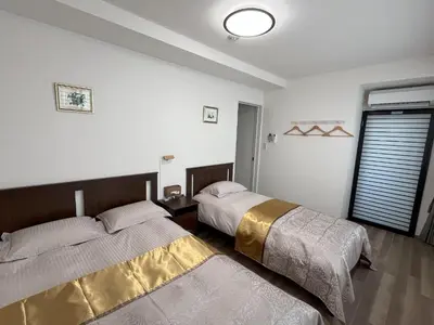 two beds in a room with white walls at \u6771\u4eac\u6d45\u8349\u30a4\u30f3301 in Tokyo