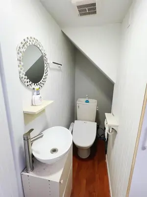 a bathroom with a toilet and a sink and a mirror at \u6e21\u8fb9\u30d3\u30eb103 in Tokyo