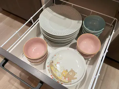 a group of plates and bowls in a drawer at \u6771\u4eac\u6d45\u8349\u30a4\u30f3401 in Tokyo