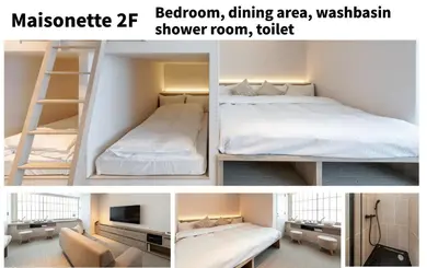 two pictures of a bedroom with a bunk bed and a ladder at ENT TERRACE Asakusabashi in Tokyo