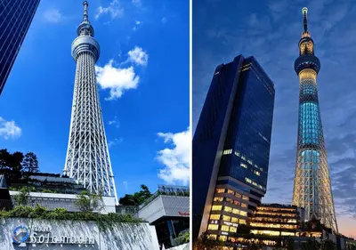 two photographs of a tall tower in a city at Sakura Stay \u62bc\u4e0a in Tokyo