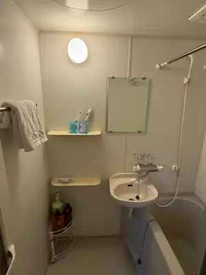 a small bathroom with a sink and a shower at \u6771\u4eac\u6fd5\u6696\u7684\u5bb6-Tokyo Warm Home -28 Square King Room205 in Tokyo
