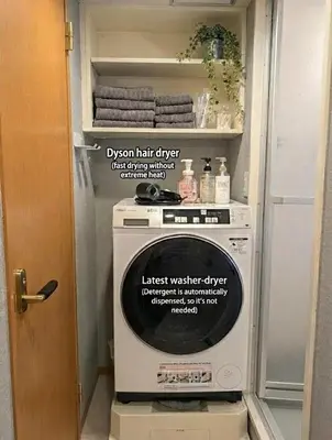 a kitchen with a washing machine in a closet at Sakura Fan 2F in Tokyo