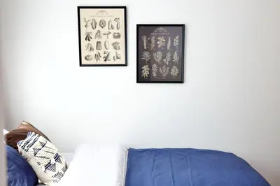 two framed pictures on a wall above a blue couch at Oliver 401 in Tokyo