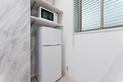 a white refrigerator in a kitchen with a window at Jasmine Style Akasaka in Tokyo
