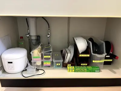 a shelf with various kitchen items on it at 5mins from JR Kinshicho! Near Asakusa&Skytree! 1101 in Tokyo