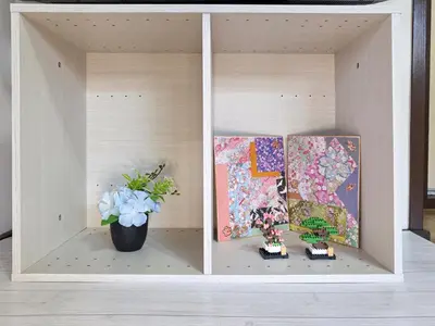 a shelf with two paintings and a potted plant at Sakura Wave Stay-Direct Shinjuku 15min & Shibuya 25min in Tokyo