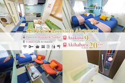 a collage of pictures of a room in a hotel at Shamrock Aoto 101 Cozy Tokyo Stay Near Station Airport Disney Access in Tokyo