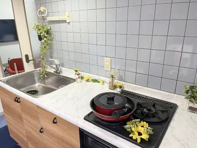 a kitchen with a stove and a sink at Shamrock Aoto 101 Cozy Tokyo Stay Near Station Airport Disney Access in Tokyo