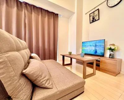 a living room with a couch and a tv at Shinjuku-Okubo Cozy Double, Free Wi-Fi in Tokyo