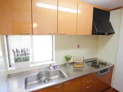 a kitchen with a sink and a stove at 3\u5c64\u4e00\u8ed2\u5bb6\u5b8c\u5168\u8cb8\u5207 \u4ef2\u5bbf\u5546\u5e97\u8857\u5f92\u6b691\u5206 \u6700\u592713\u4eba in Tokyo