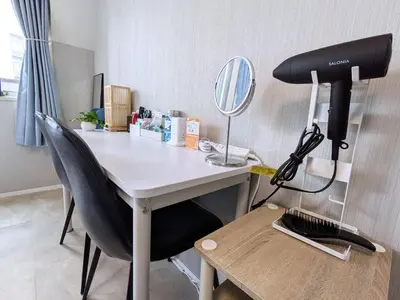 a desk with a mirror and a hair dryer at Near Shibuya Station Dogenzaka 3Beds Travel Work in Tokyo