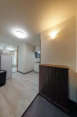 an empty room with a kitchen and a room with a refrigerator at Solaria Tokiwa by Tranova in Tokyo