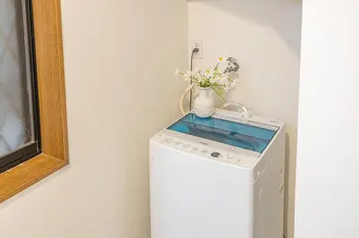 a vase of flowers sitting on top of a washing machine at 3 Story Private House, 7 Min Walk to Yamanote Line Direct to Shinjuku, Ikebukuro, Shibuya in Tokyo
