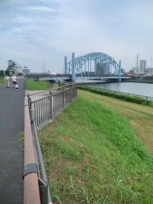two people walking down a path next to a bridge at \u4ec1\u4fe1\u5c0f\u5c4b in Tokyo