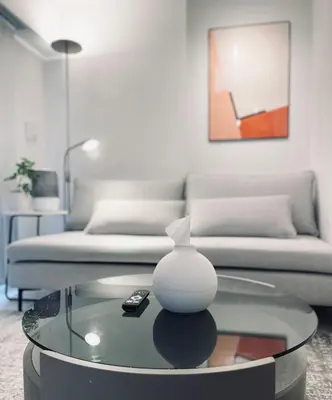 a living room with a couch and a vase on a glass table at Alo BnB 11 - Near Roppongi, Ginza, Shinjuku, Shibuya - Self check-in in Tokyo