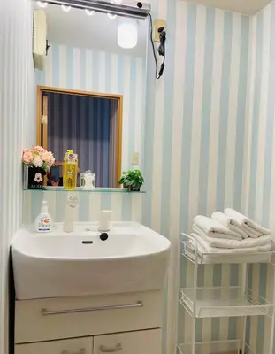 a bathroom with a white sink and a mirror at Shitamachi Shin-Koiwa 201 in Tokyo