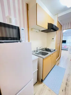 a small kitchen with a sink and a refrigerator at Shitamachi Shin-Koiwa 201 in Tokyo