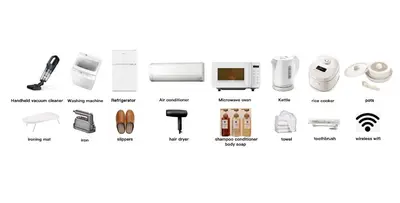 a collage of pictures of different types of products at NDZ403 3 min walk to station, 2 lines, Yamanote line to explore Tokyo, high-speed Wi-Fi in Tokyo