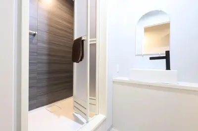 a bathroom with a sink and a shower at Japanese Modern House Aakasaka-Mitsuke St 2min Shibuya Shinjuku 9min in Tokyo