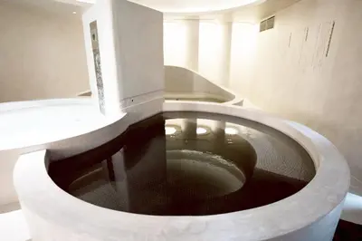 a circular pool of water in a bathroom with a sink at Sugoi Sauna And Stay Azabu-Juban Station, Men Only in Tokyo