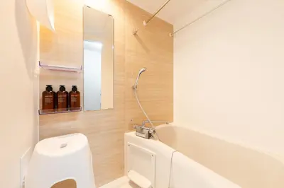 a bathroom with a toilet and a sink and a mirror at THE CAMINO Nakano 202 in Tokyo