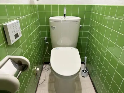 a bathroom with a white toilet in a green tiled wall at North Tokyo Grand Inn in Tokyo