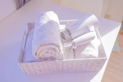 a basket with a hair dryer and a towel at \u65b0\u5bbf\u76f4\u901a \u89b3\u5149 \u30b7\u30e7\u30c3\u30d4\u30f3\u30b0 \u30b0\u30eb\u30e1\u30b9\u30c6\u30a4 EoYg in Tokyo