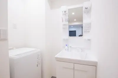 a white bathroom with a sink and a mirror at \u65b0\u5bbf\u76f4\u901a \u89b3\u5149 \u30b7\u30e7\u30c3\u30d4\u30f3\u30b0 \u30b0\u30eb\u30e1\u30b9\u30c6\u30a4 EoSL in Tokyo