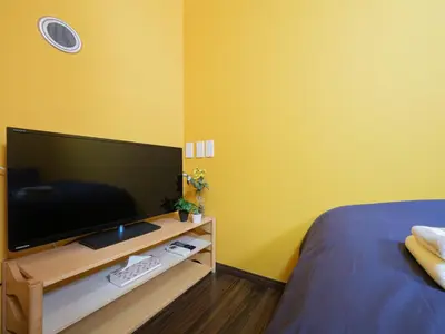 a bedroom with a flat screen tv on a wooden stand at Tokyo Tower Hostel Shiba Park - \u6771\u4eac\u30bf\u30ef\u30fc\u30db\u30b9\u30c6\u30eb\u829d\u516c\u5712 - \u7fbd\u7530\u7a7a\u6e2f\u307e\u3067\u30a2\u30af\u30bb\u30b9\u629c\u7fa4 \u6771\u4eac\u30bf\u30ef\u30fc\u5f92\u6b6915\u5206 \u7121\u6599Wi-Fi in Tokyo