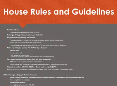 a document with the words house rules and guidelines at Monthly \u516d\u672c\u6728\u9ebb\u5e03\u30b9\u30ab\u30a4\u30c6\u30e9\u30b9 in Tokyo
