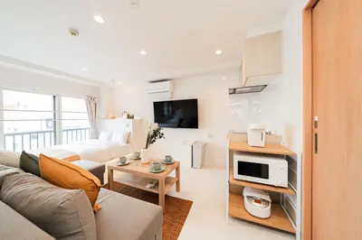 a living room with a couch and a tv at Shinjuku SAIEI Hotel 401 in Tokyo