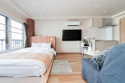 a bedroom with a bed and a tv and a couch at Shinjuku SAIEI Hotel 501 in Tokyo