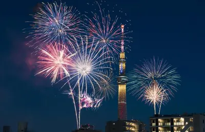 a fireworks display with the eiffel tower in the background at Latte Sakura View Oshiage, 10min walk to Tokyo Skytree, walk to Asakusa in Tokyo