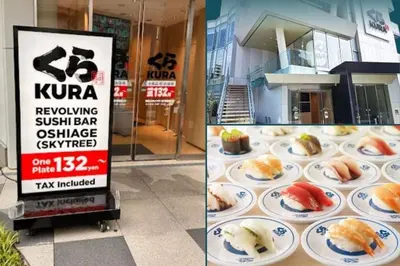 two pictures of sushi on plates in front of a building at Latte Sakura View Oshiage, 10min walk to Tokyo Skytree, walk to Asakusa in Tokyo
