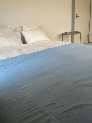 a large bed with a blue blanket on it at Dolce Vita Ebisu in Tokyo