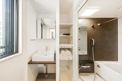 a bathroom with a sink and a shower at SJ Stay in Tokyo