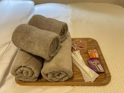 a tray with towels and snacks on a bed at \u30b5\u30af\u30e9\u30b7\u30e3\u30c9\u30a6\u9280\u5ea7502 in Tokyo