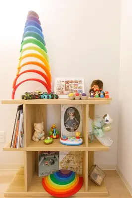 a wooden shelf with toys and a colorfulppelin at Shinjuku large 3LDK 2 bathrooms, brand NEW house built in 2025 - Lotus Villa in Tokyo