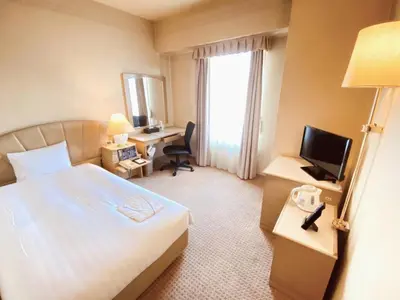a hotel room with a bed and a desk with a television at Smile Hotel Tokyo Nishikasai - Vacation STAY 97133v in Tokyo