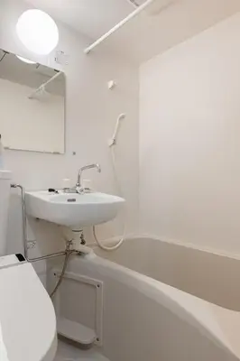 a white bathroom with a sink and a mirror at Sleep Inn Gotanda in Tokyo