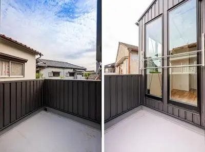 two pictures of a house with a balcony at SkyTreeStayHotel 3, 8-minute walk from Yahiro Station, lovely new building, near Ara river, can see Sky Tree in Tokyo