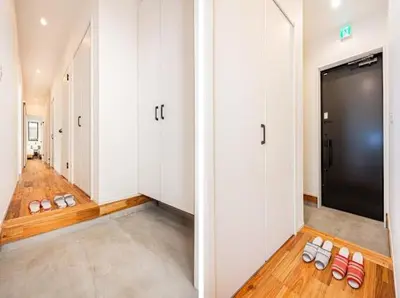two images of a hallway with white doors and wooden floors at SkyTreeStayHotel 3, 8-minute walk from Yahiro Station, lovely new building, near Ara river, can see Sky Tree in Tokyo