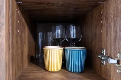 three wine glasses and two cups in a wooden box at Open Sale Asakusa Skytree Hotel like space 3 minutes from the station in Tokyo