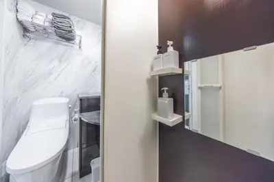 a bathroom with a white toilet and a mirror at 101 Direct to Narita Haneda 5-minute walk from Keikyu Kamata Station, with kitchen, ideal for telework, apartment in Tokyo