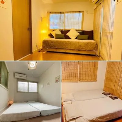 two pictures of a room with two beds in it at Pearl Heights 102 Traditional Japanese-style private apartment for 1-4 people, close to Ikebukuro Shinjuku business district in Tokyo