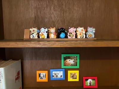 a shelf with a bunch of cats figurines on it at GU Hotel Traditional Japanese-Style House in Tokyo15 Minutes by Train from Shinjuku Sleeps Up to 10 Guests in Tokyo